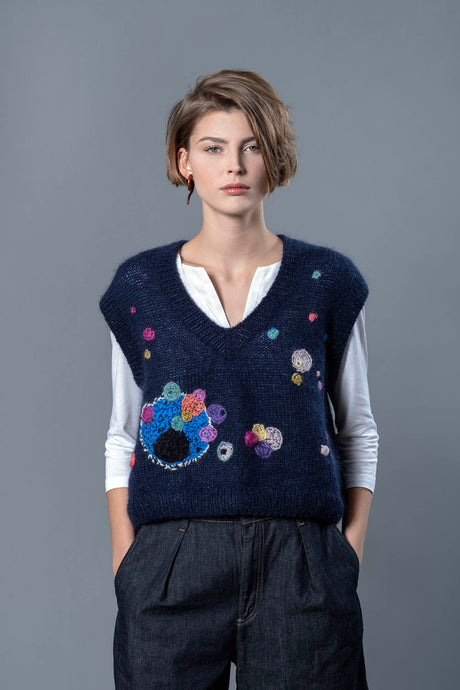 Melissa Universe navy mohair vest with abstract star embroideries — Wooly Rouge