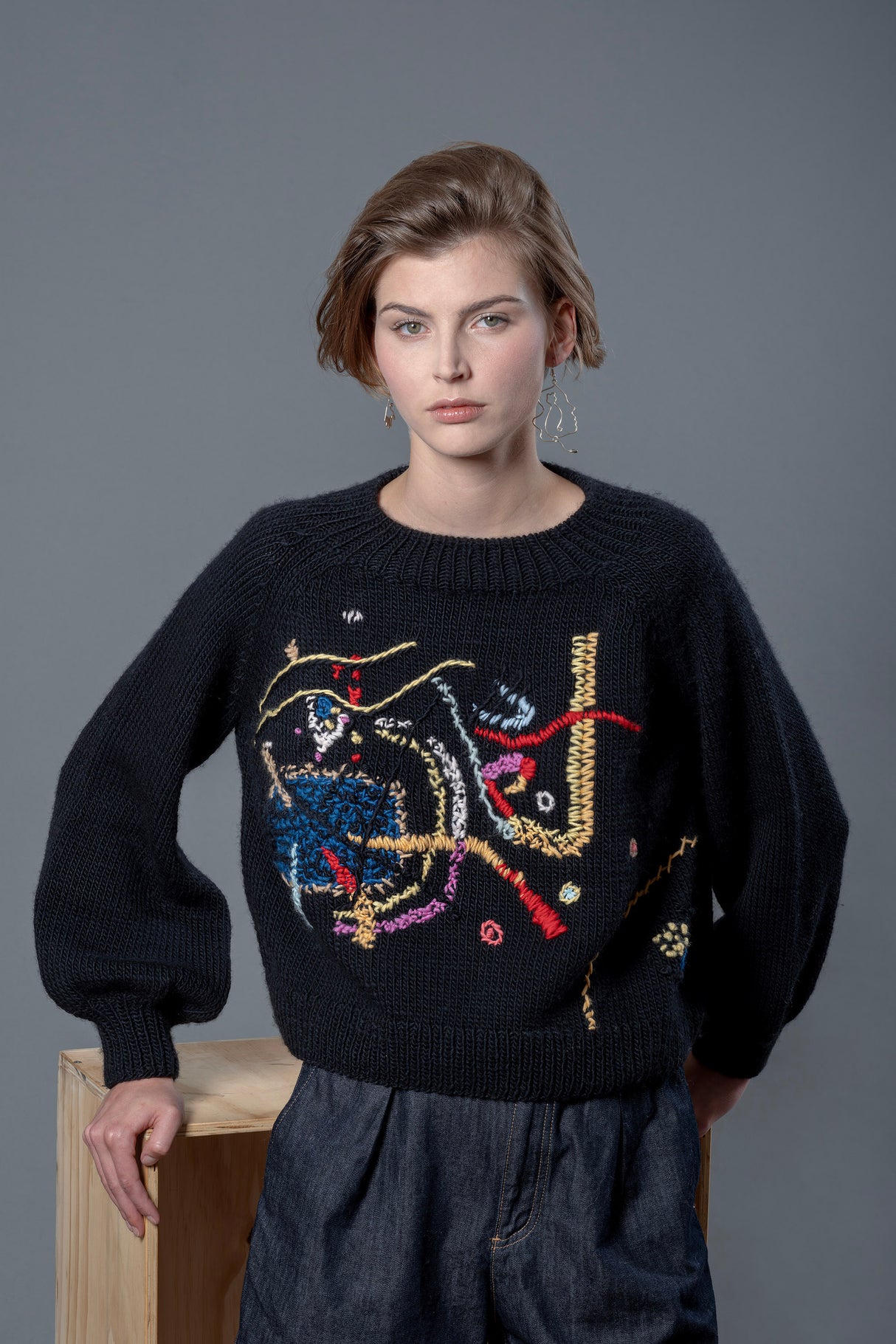 Vanessa Strings handknit wool sweater with embroidered string motifs — Wooly Rouge