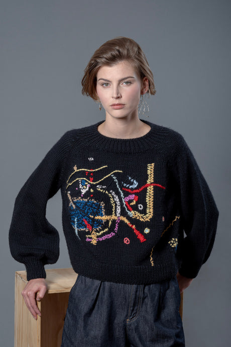 Vanessa Strings handknit wool sweater with embroidered string motifs — Wooly Rouge