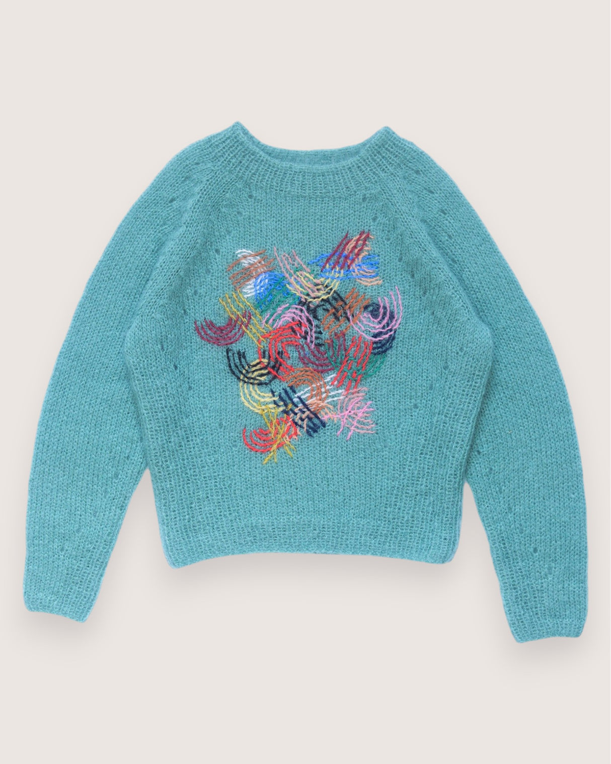 Monica Triumph teal mohair sweater with embroidered line motifs — Wooly Rouge