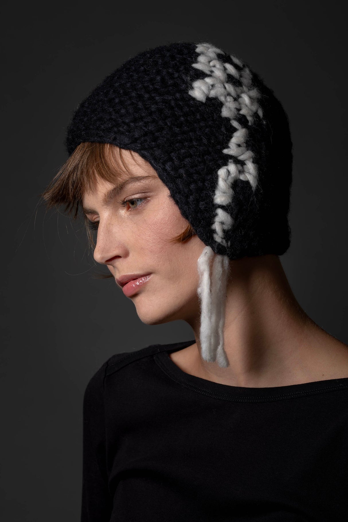 Fin embroidered cashmere and silk ear-flap hat, handcrafted — Wooly Rouge