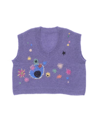 Thumbnail for Purple mohair vest laid flat on white background. The vest is adorned with a multitude of colourful embroideries that resemble flowers.
