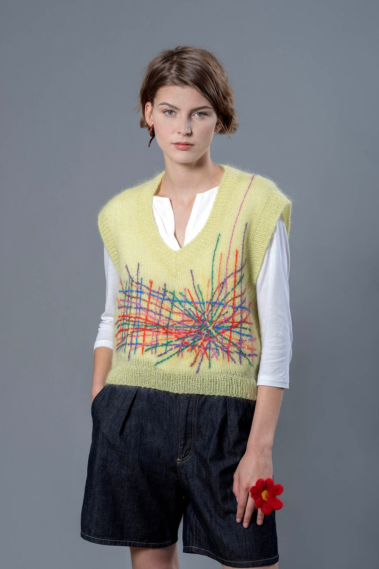 Melissa Path yellow mohair vest with multicolour embroidered lines — Wooly Rouge