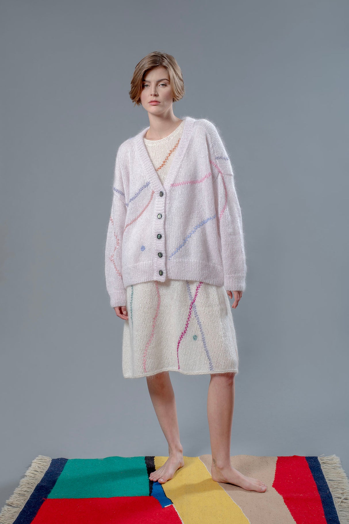 Mia V-neck mohair and merino cardigan, handcrafted in soft pink — Wooly Rouge