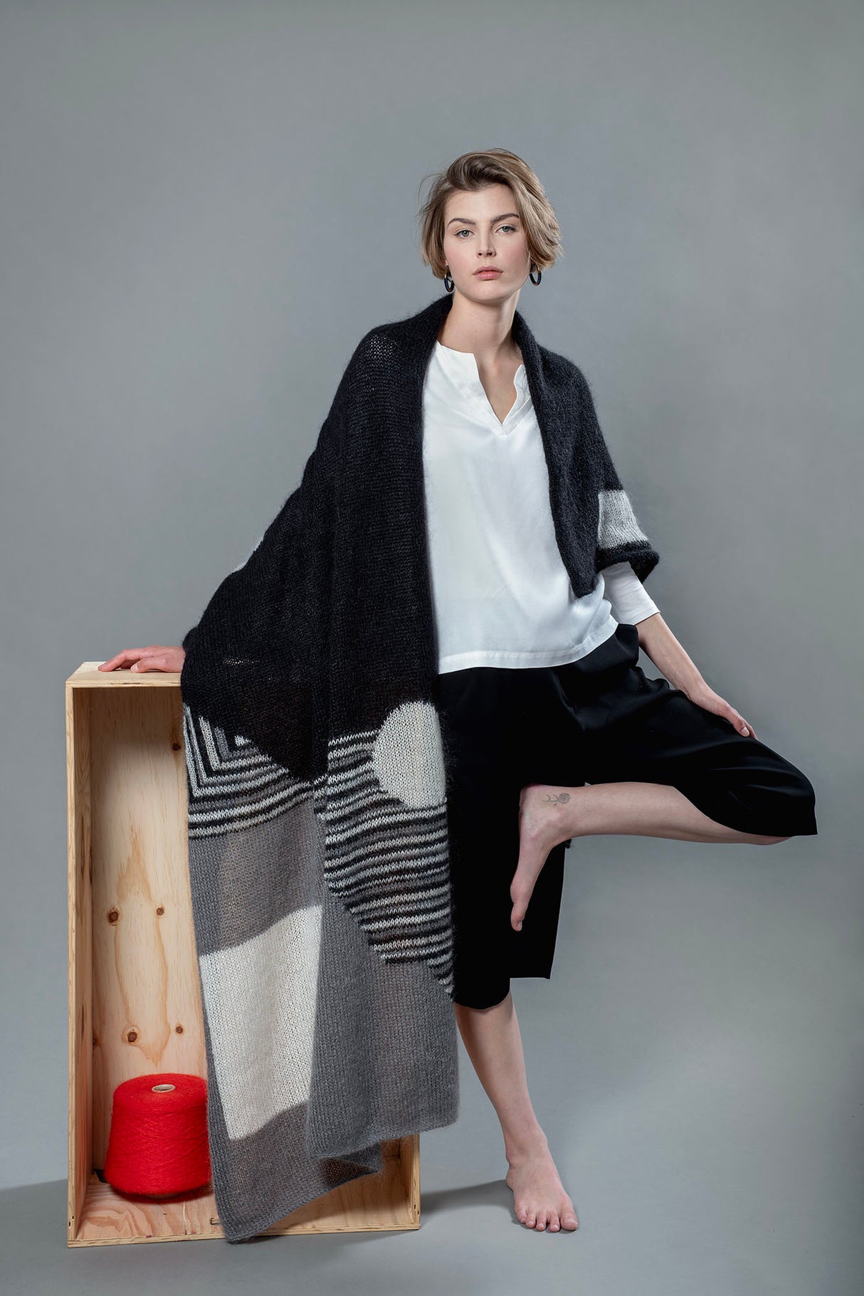 Mina black and white mohair shawl, handcrafted in bold graphic pattern — Wooly Rouge