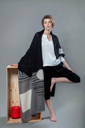 Mina black and white mohair shawl, handcrafted in bold graphic pattern — Wooly Rouge