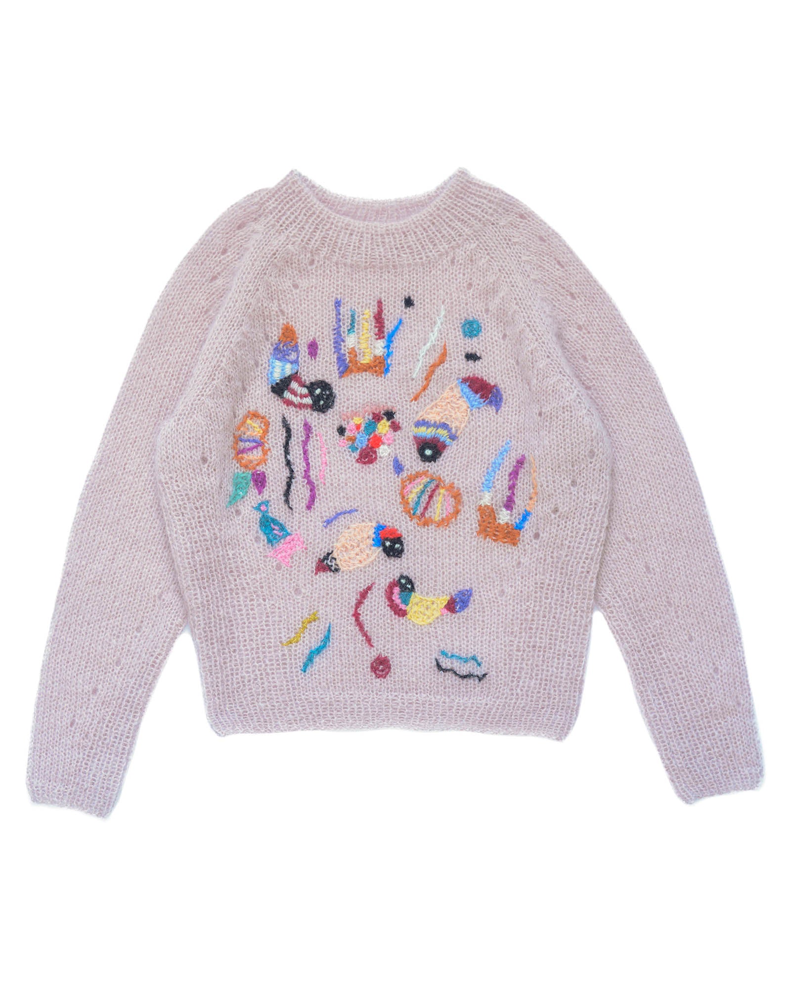 Light pink mohair sweater laid flat on white background. The sweater is adorned with colourful abstract embroideries in its front. 