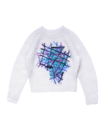 Light pink mohair sweater laid flat on white background. The sweater has colourful embroidered lines forming an abstract shape in the center. 