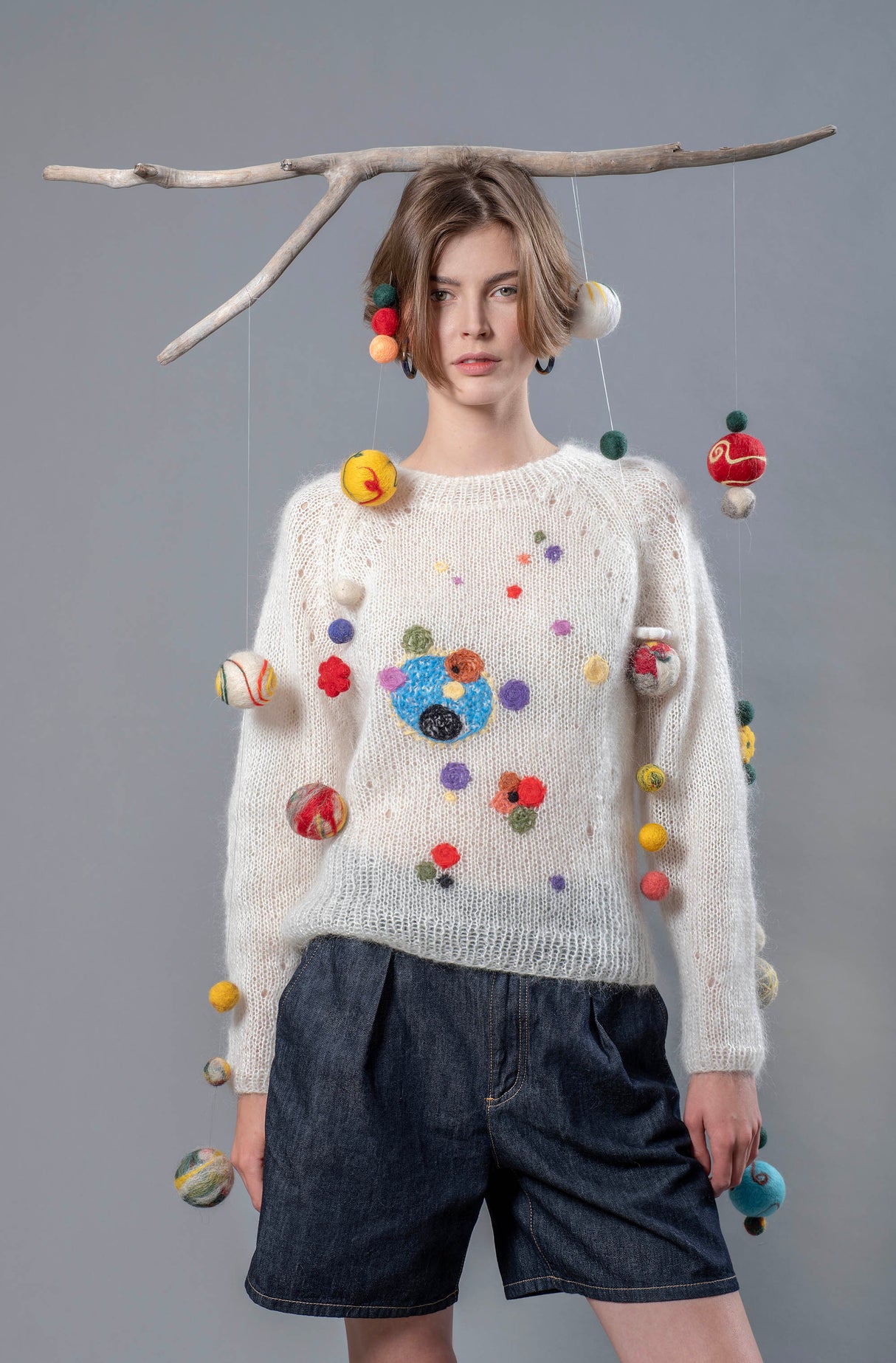 Monica Universe white mohair sweater with star-shaped colourful embroideries — Wooly Rouge