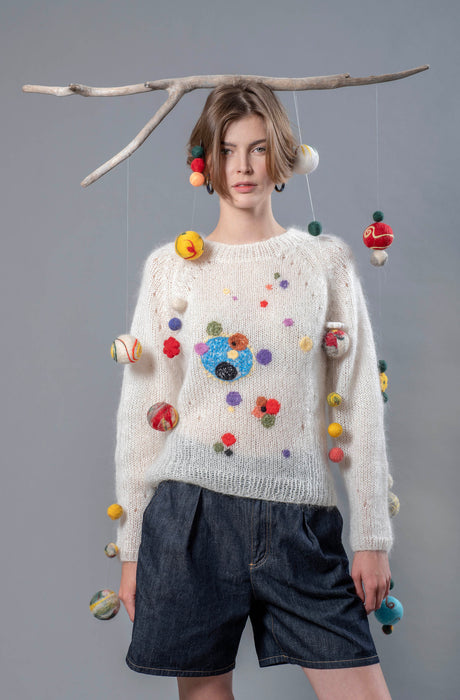 Monica Universe white mohair sweater with star-shaped colourful embroideries — Wooly Rouge