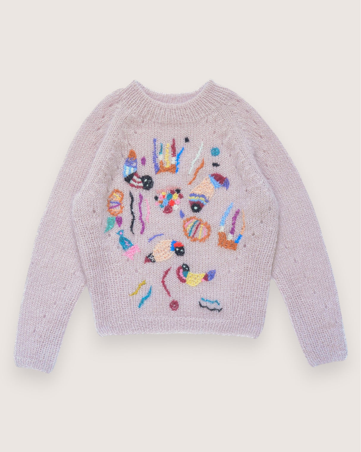 Monica Creatures pink mohair sweater with hand-embroidered abstract motifs — Wooly Rouge