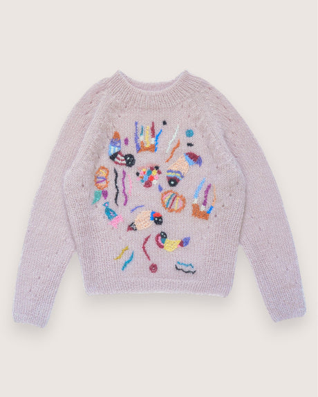 Monica Creatures pink mohair sweater with hand-embroidered abstract motifs — Wooly Rouge