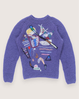 Monica Dreams purple mohair sweater with colourful abstract embroideries — Wooly Rouge
