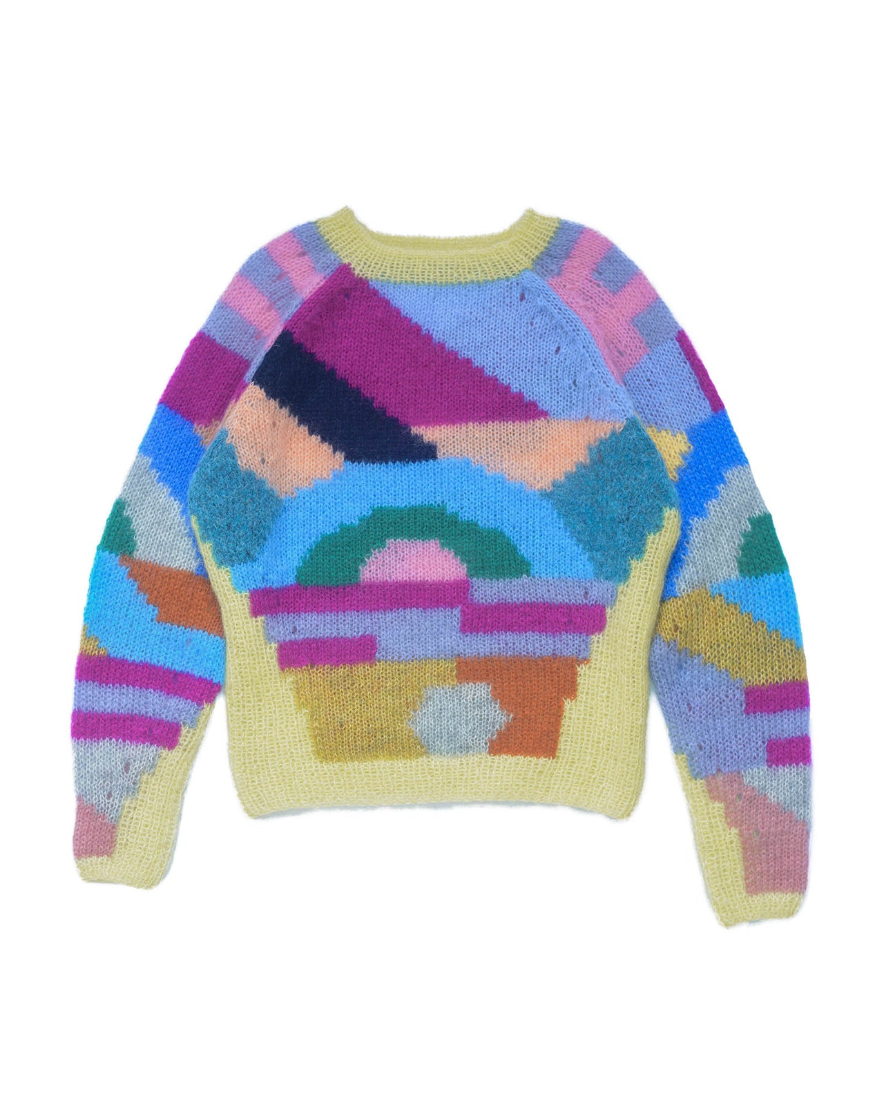 Mohair sweater laid flat on white background. The sweater is yellow and is covered with colourful abstract colour block patterns on most of its surface.