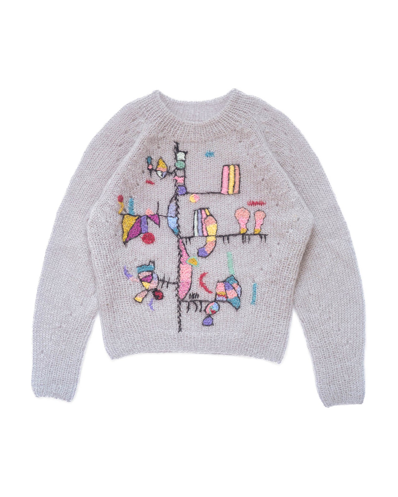 Grey mohair sweater laid flat on white background. The sweater is adorned with colourful abstract embroidered shapes and patterns on the front. 