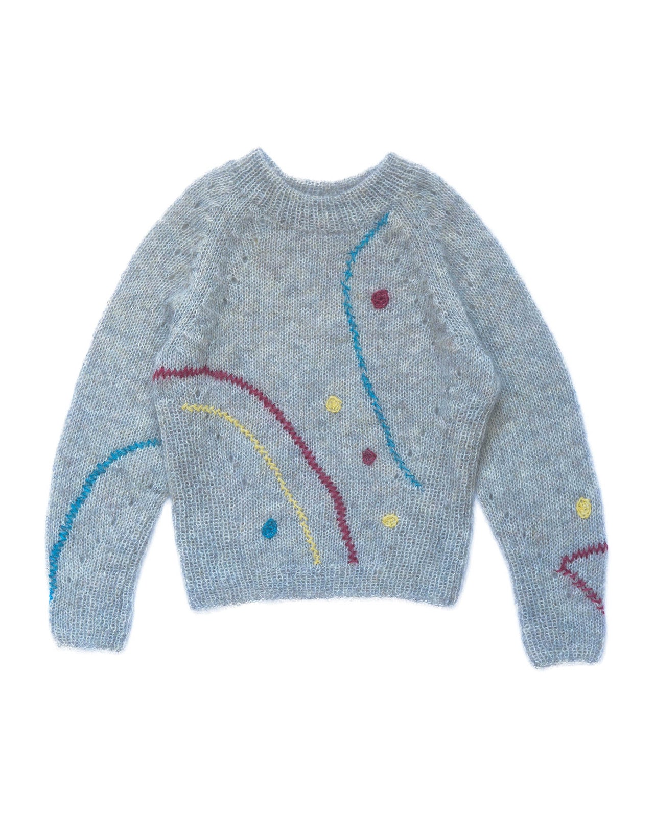 Grey mohair sweater laid flat on white background. The sweater has a few colourful embroidered lines and dots over it. 