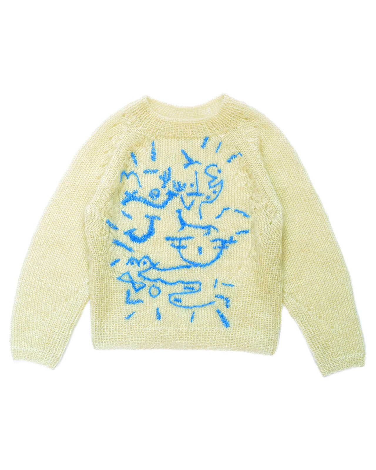 Lime coloured sweater laid flat on white background. The sweater is adorned with sky blue abstract embroidered lines. 
