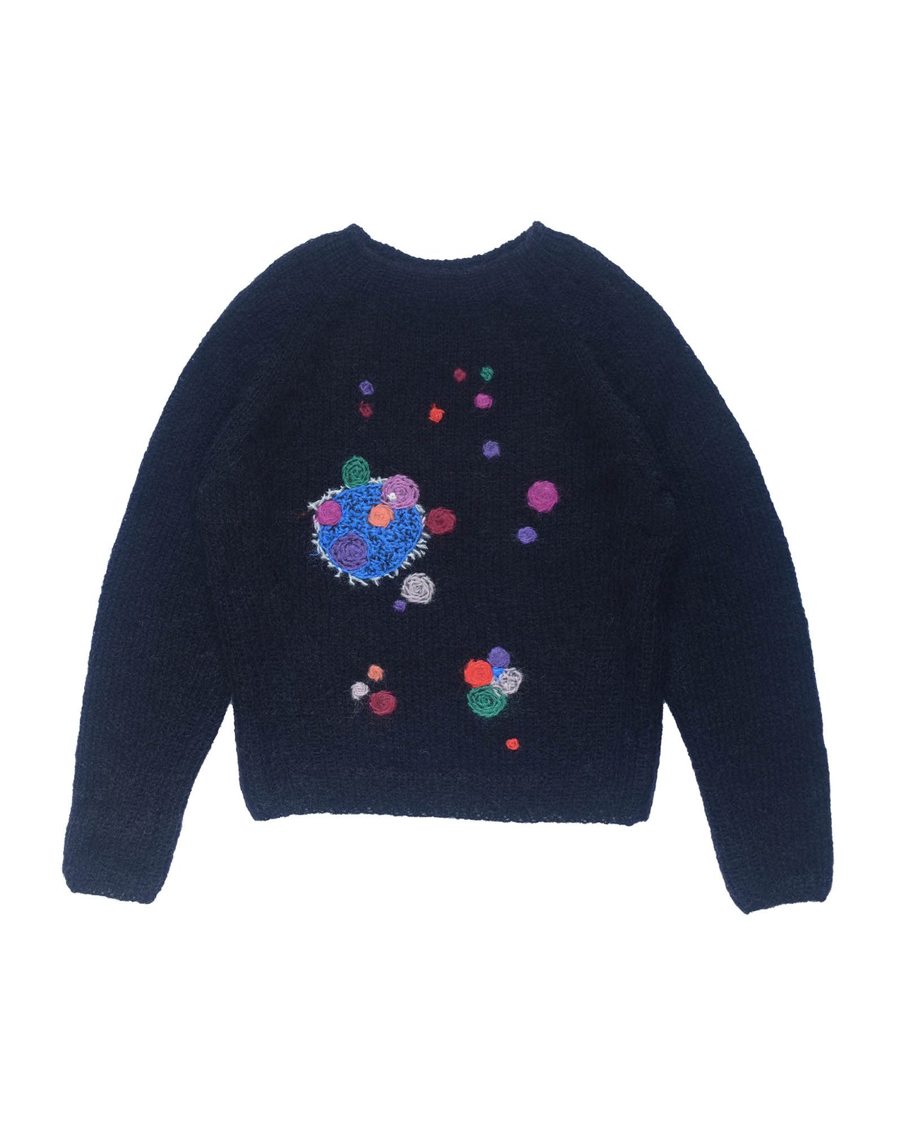 Black mohair sweater laid flat on white background. The sweater is adorned with colourful abstract star-like embroideries.