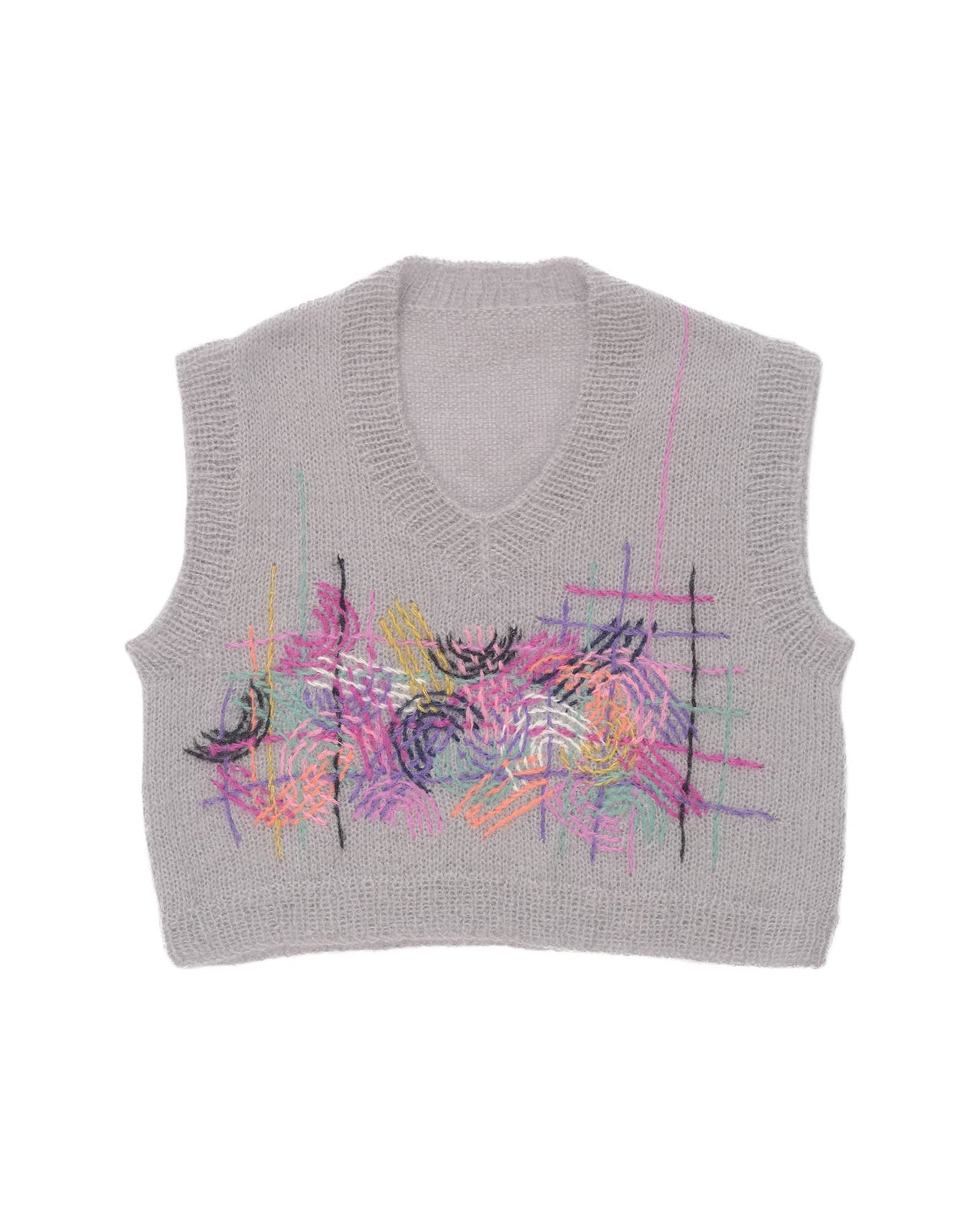 Grey mohair vest laid flat on white background. The vest is adorned with colourful embroidered abstract motifs in its center. 