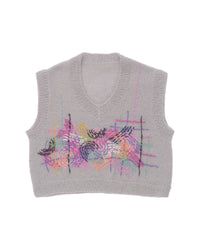 Thumbnail for Grey mohair vest laid flat on white background. The vest is adorned with colourful embroidered abstract motifs in its center. 