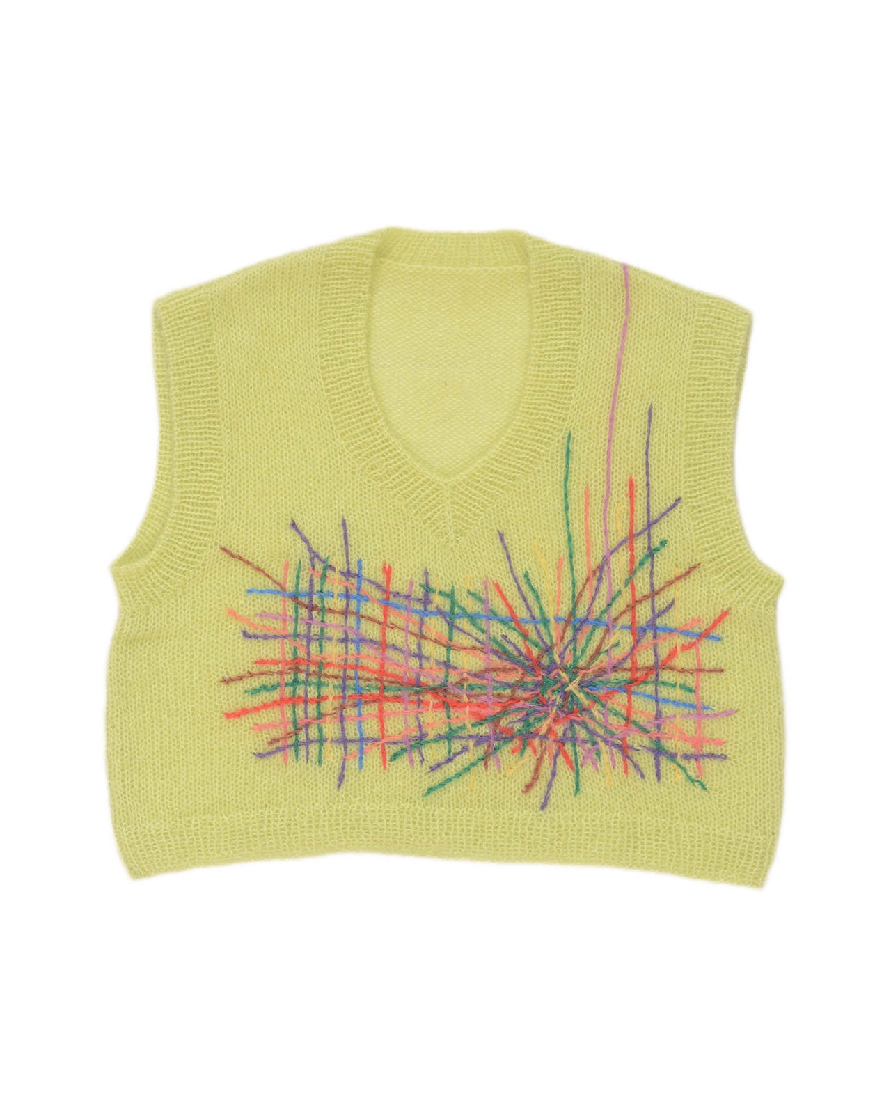 Yellow mohair vest laid flat on white background. The vest has a multitude of colourful embroidered lines in its center.