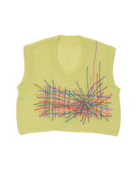 Thumbnail for Yellow mohair vest laid flat on white background. The vest has a multitude of colourful embroidered lines in its center.