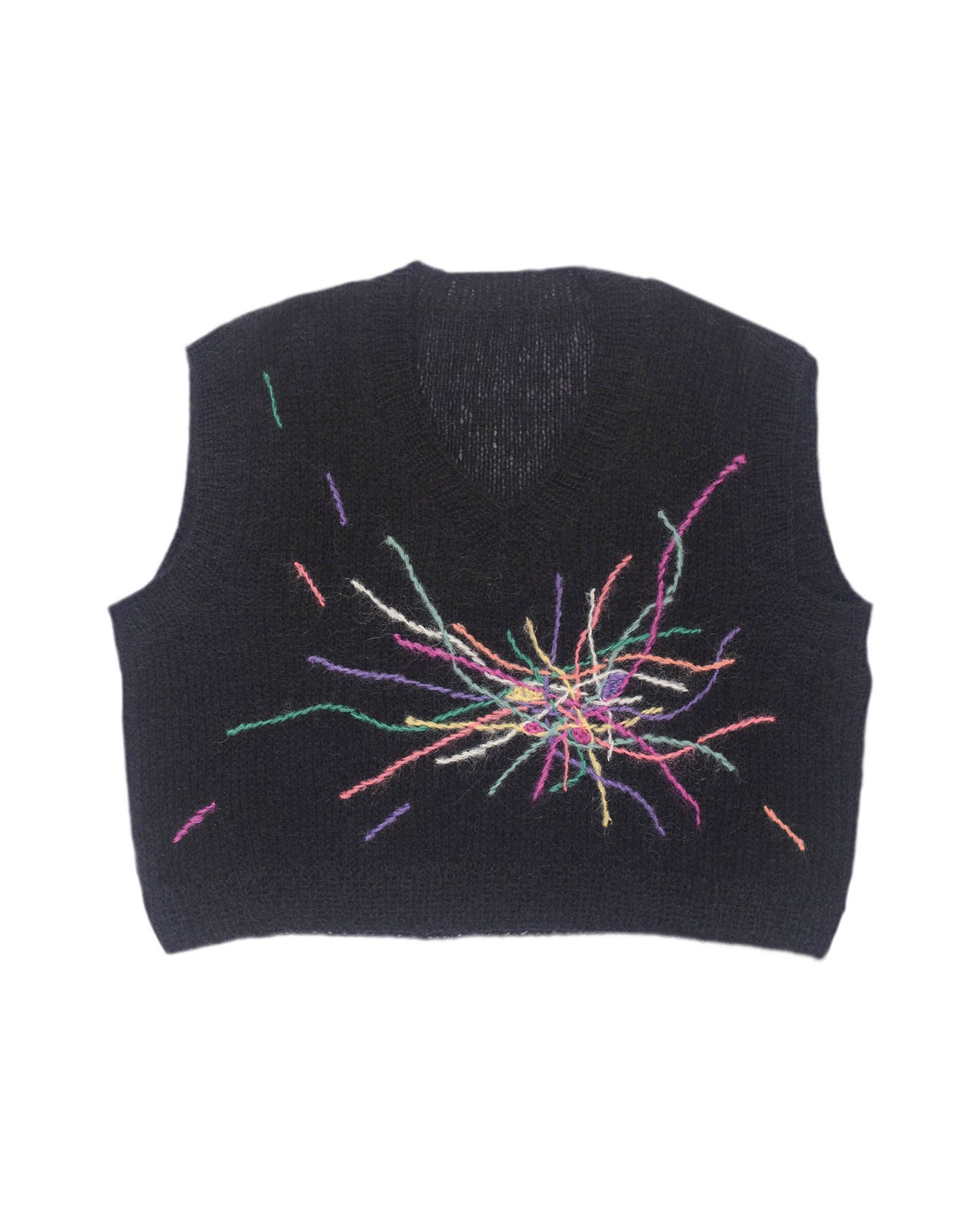 Black mohair vest laid flat on white background. The black vest has colourful embroidered lines going in all directions from the center