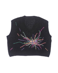 Thumbnail for Black mohair vest laid flat on white background. The black vest has colourful embroidered lines going in all directions from the center