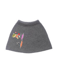Thumbnail for Grey wool skirt laid flat on white background. The skirt has a colourful embroidery on the right leg. 