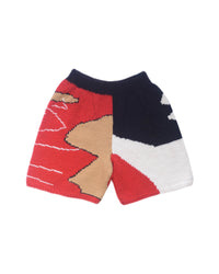Thumbnail for wool bermuda shorts on white background. Red, black, white and beige colour block patterns decorate the bermuda shorts 