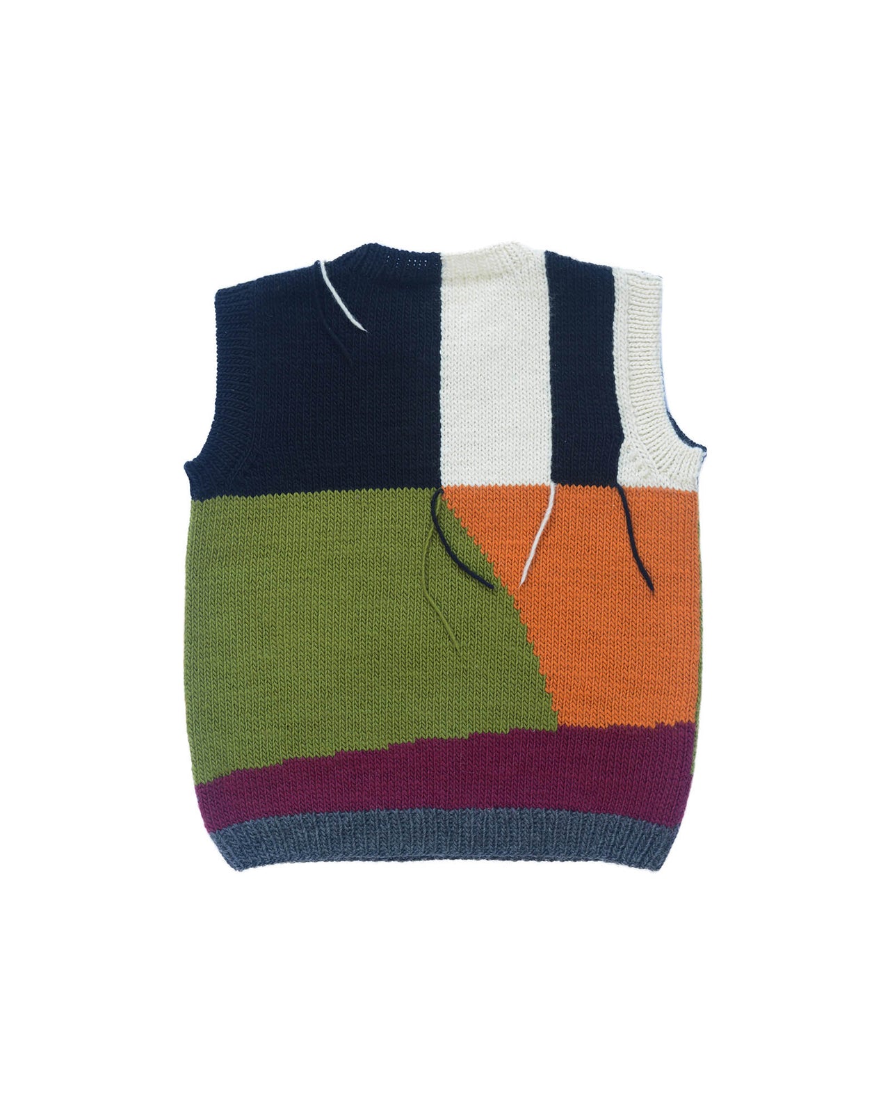 back of wool vest layed flat on white background. Vest with green, orange, black, white and red colour block design and hanging threads. 