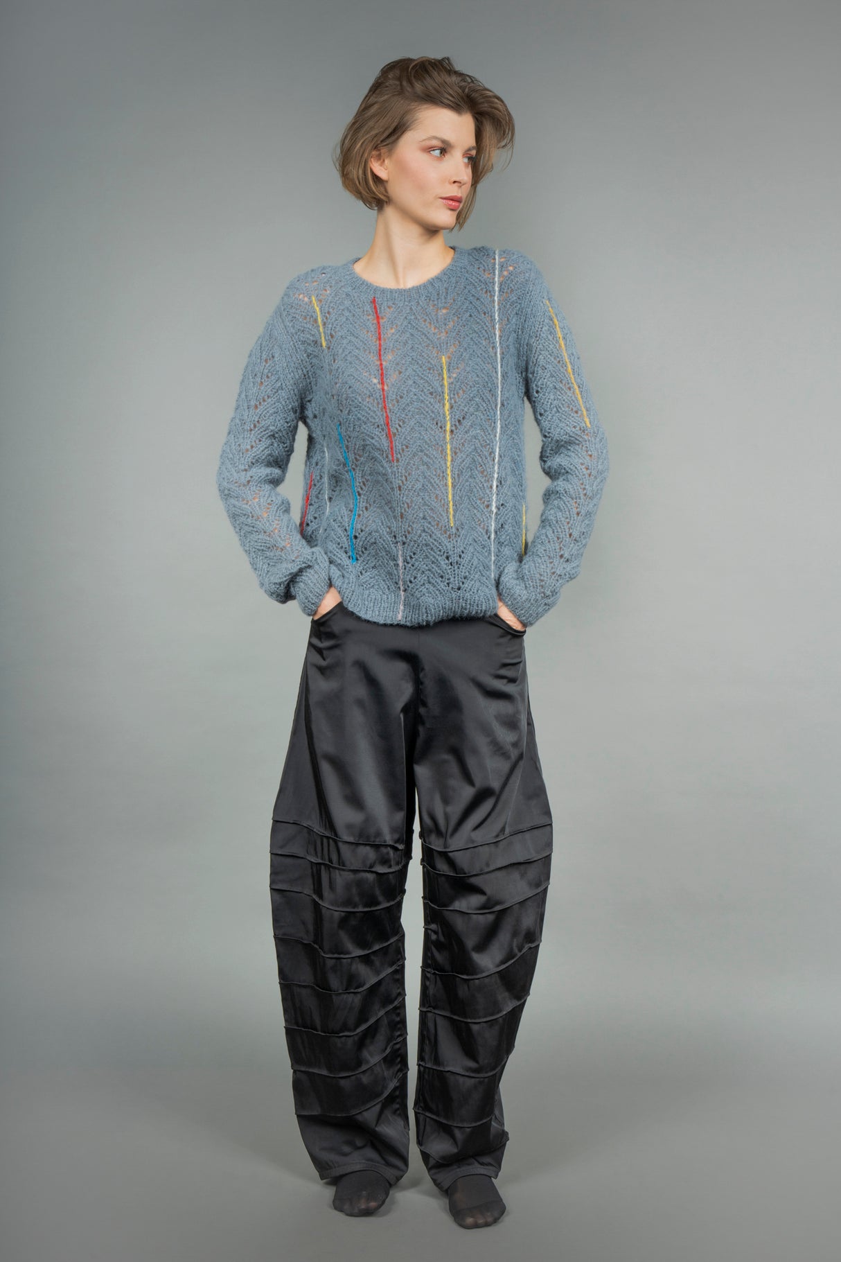 Alma grey alpaca crew neck sweater with cable knit detail — Wooly Rouge