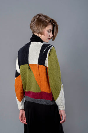 Valeria Moss handknit sweater in sage green colourblock — Wooly Rouge
