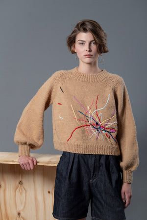 Vanessa Lines handknit wool sweater with colourful embroidered line motifs — Wooly Rouge