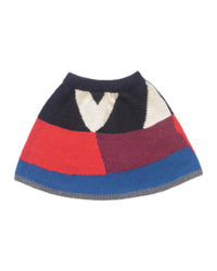 Thumbnail for Wool skirt laid flat on white background. The skirt has a colour block design made from blue, red, burgundy, black and white colours.  