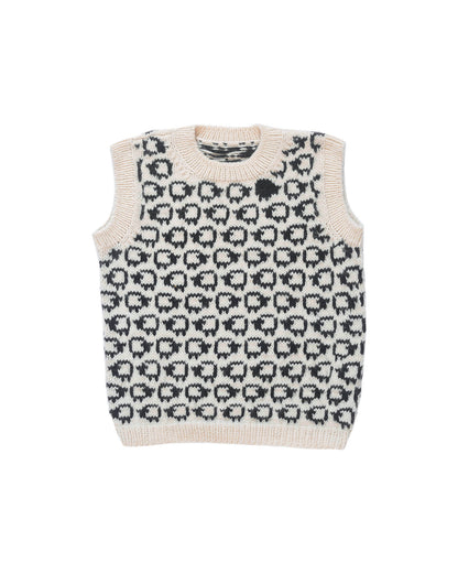 Wool vest laid flat on white background. The vest has a herd of white sheep going all around it, there is one single black sheep lost in the herd. 