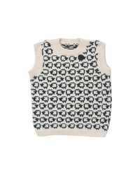Thumbnail for Wool vest laid flat on white background. The vest has a herd of white sheep going all around it, there is one single black sheep lost in the herd. 