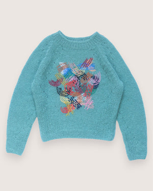 Monica Triumph teal mohair sweater with embroidered line motifs — Wooly Rouge