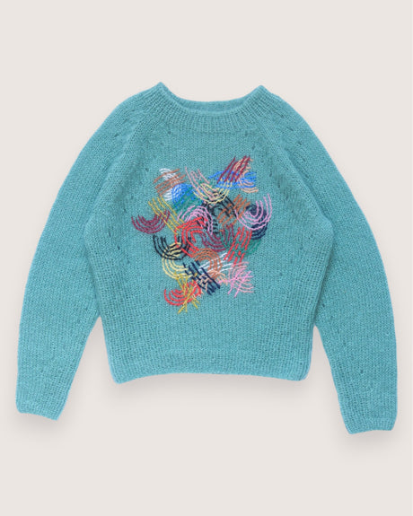 Monica Triumph teal mohair sweater with embroidered line motifs — Wooly Rouge