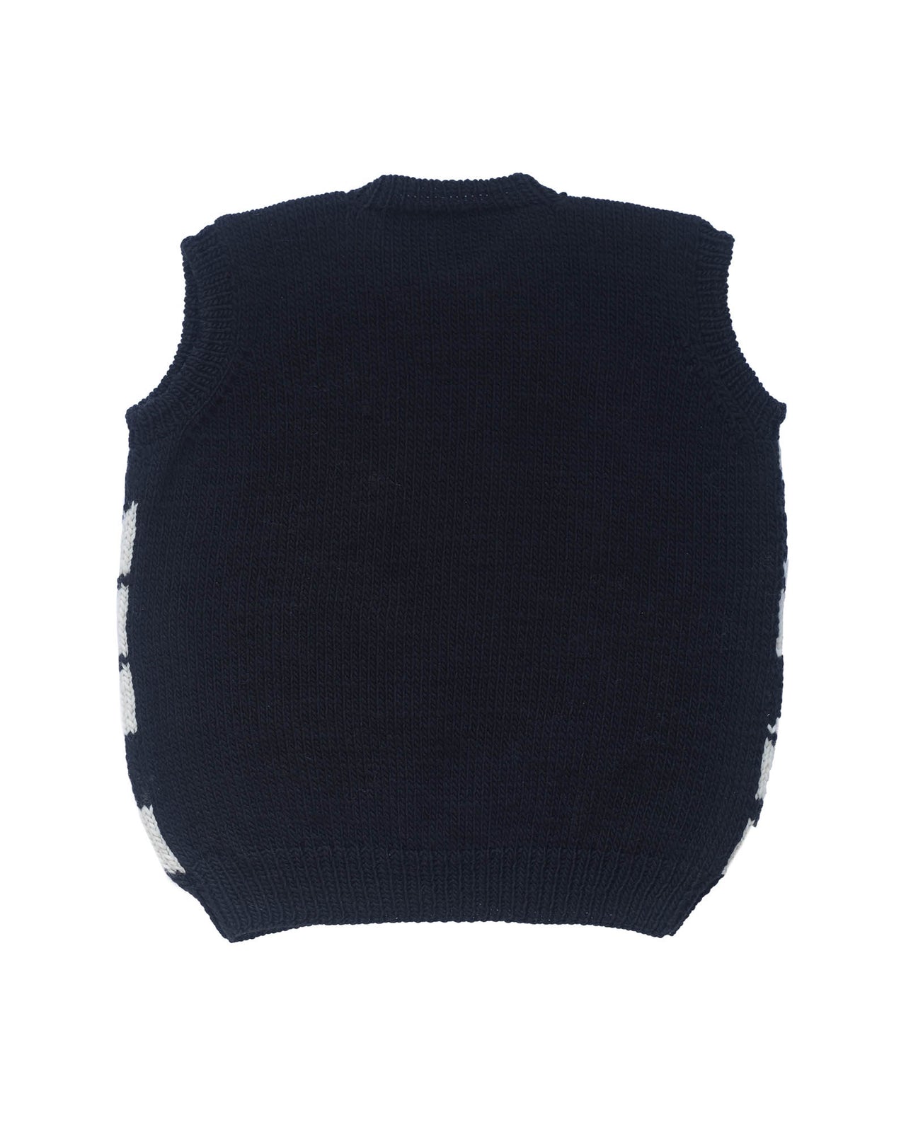 Back of wool vest laid flat on white background. The vest is entirely black behind.