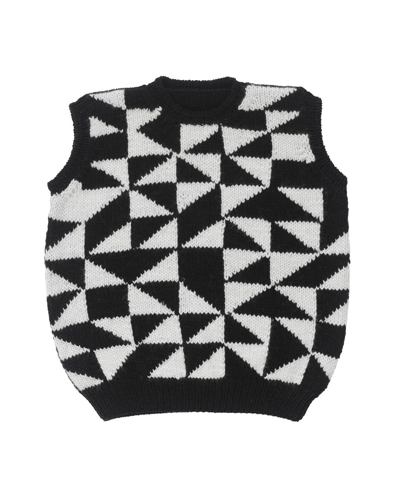 Wool vest laid flat on white background. The vest has black and white triangular patterns on the front.